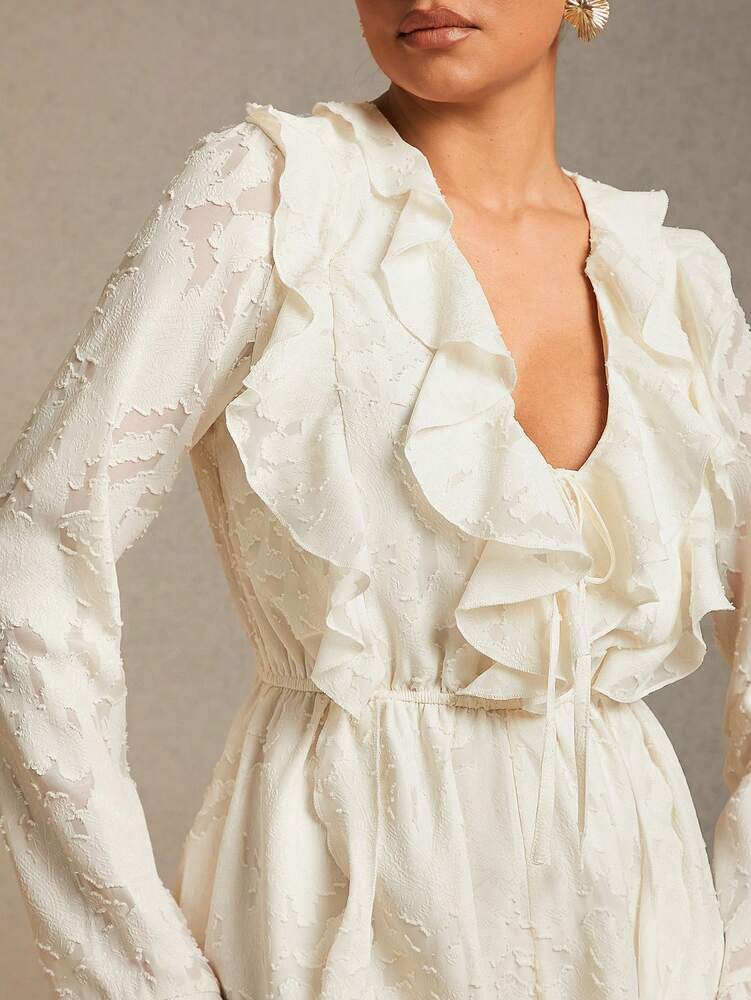 Women's White Floral Jacquard Romper With Ruffle Flounce Sleeves Elegant Romantic Outfit Date Night Summer Concert Party Evening Wear