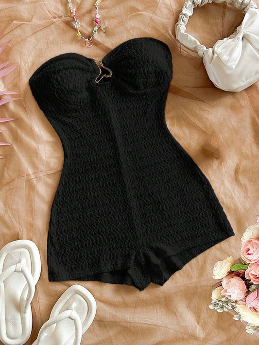 Women's Black Textured Hollow Out Romper Casual Vacation Outfit Sexy Elegant Jumpsuit Suitable For Summer Daily Wear Or Holiday Party
