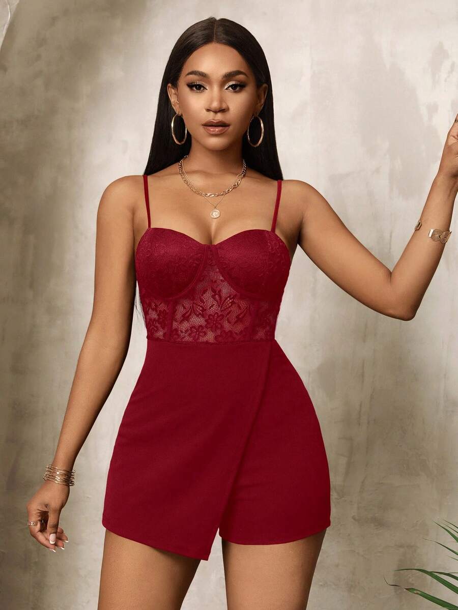 Women's Lace Patchwork Slim Fit Jumpsuit With Spaghetti Straps Casual Solid Color Sexy Summer Vacation Outfit Party Romper For Women