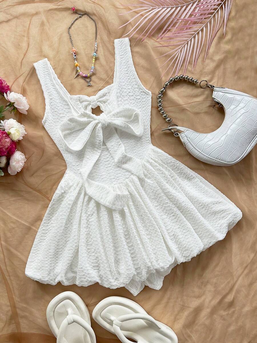 Women's Bow Decor Ruffle Shorts Romper Cute Casual Holiday Outfit Romantic Date Valentine's Day Blue Afternoon Tea Party Clothing Wear