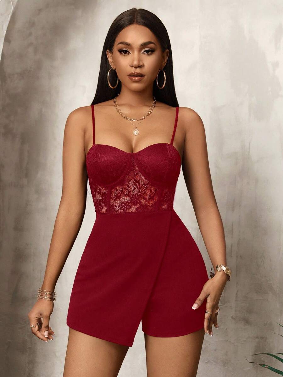Women's Lace Patchwork Slim Fit Jumpsuit With Spaghetti Straps Casual Solid Color Sexy Summer Vacation Outfit Party Romper For Women