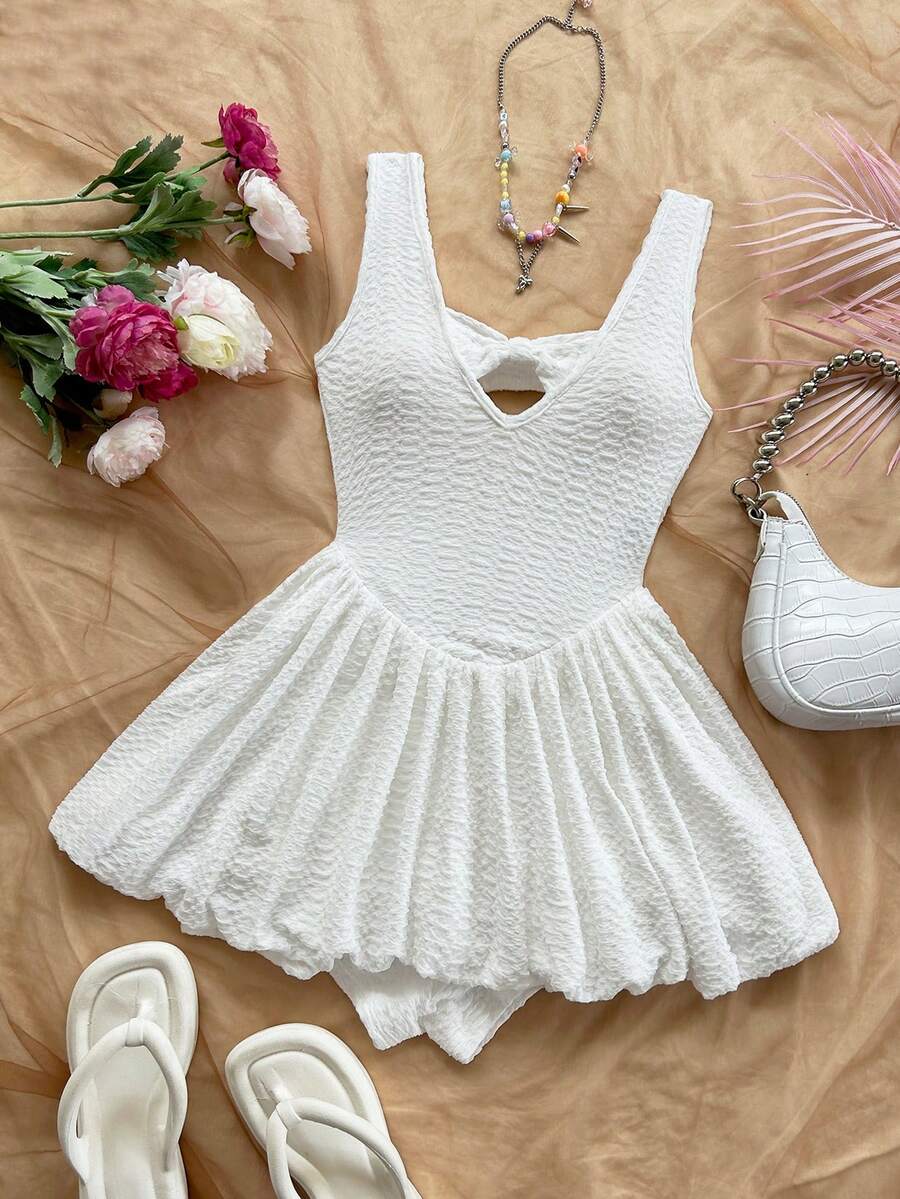 Women's Bow Decor Ruffle Shorts Romper Cute Casual Holiday Outfit Romantic Date Valentine's Day Blue Afternoon Tea Party Clothing Wear