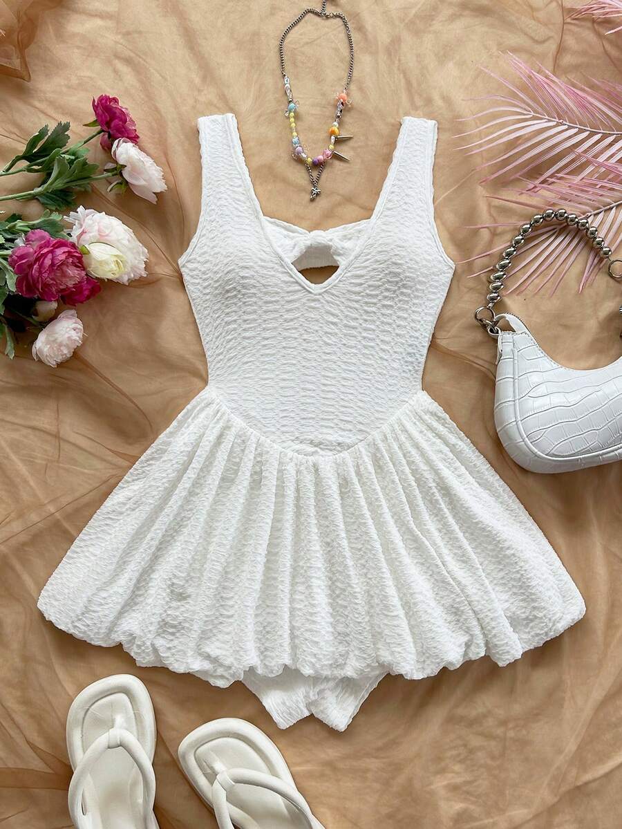 Women's Bow Decor Ruffle Shorts Romper Cute Casual Holiday Outfit Romantic Date Valentine's Day Blue Afternoon Tea Party Clothing Wear