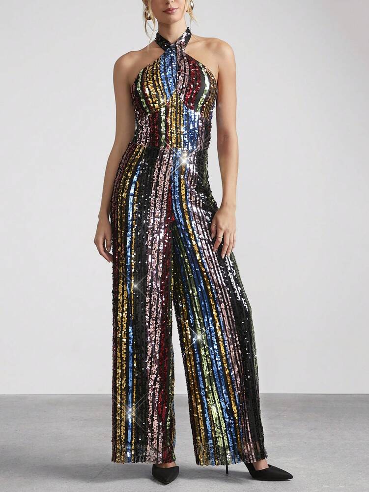 Women's Rainbow Sequin Halter Neck Jumpsuit Sexy Glitter Outfit Holiday Party Romper Christmas New Year Eve Evening Nightclub Clothing