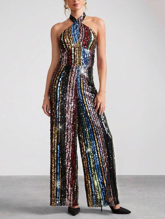 Women's Rainbow Sequin Halter Neck Jumpsuit Sexy Glitter Outfit Holiday Party Romper Christmas New Year Eve Evening Nightclub Clothing