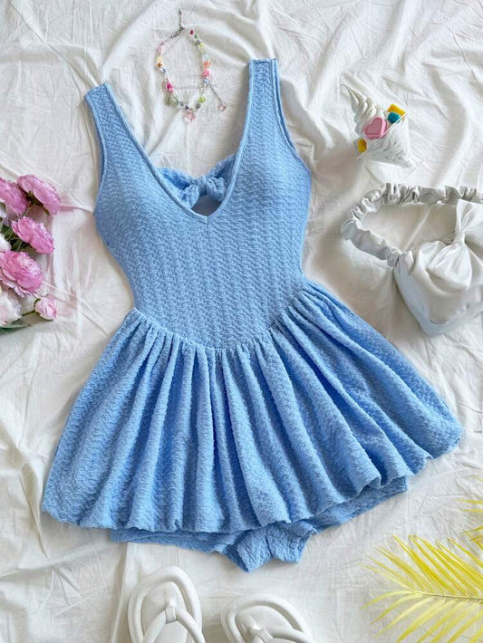 Women's Bow Decor Ruffle Shorts Romper Cute Casual Holiday Outfit Romantic Date Valentine's Day Blue Afternoon Tea Party Clothing Wear
