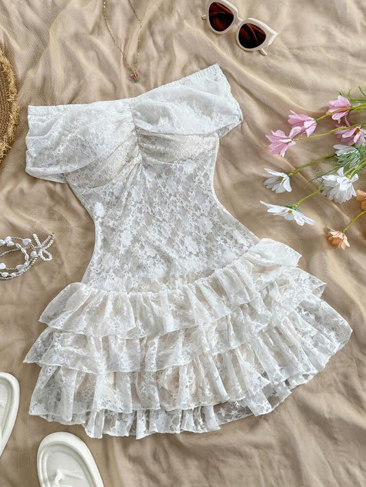 Women's Pure Lace Ruffle Knit Jumpsuit Elegant Vacation Romper Off Shoulder Backless Bohemian Fairycore Summer Spring Graduation Outfit