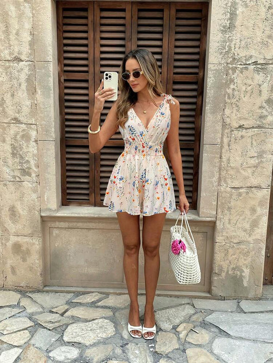 Women's Printed Smocked Waist Jumpsuit Sleeveless With Adjustable Straps Wide Leg Loose Fit Casual Vacation Outfit For Summer Beachwear