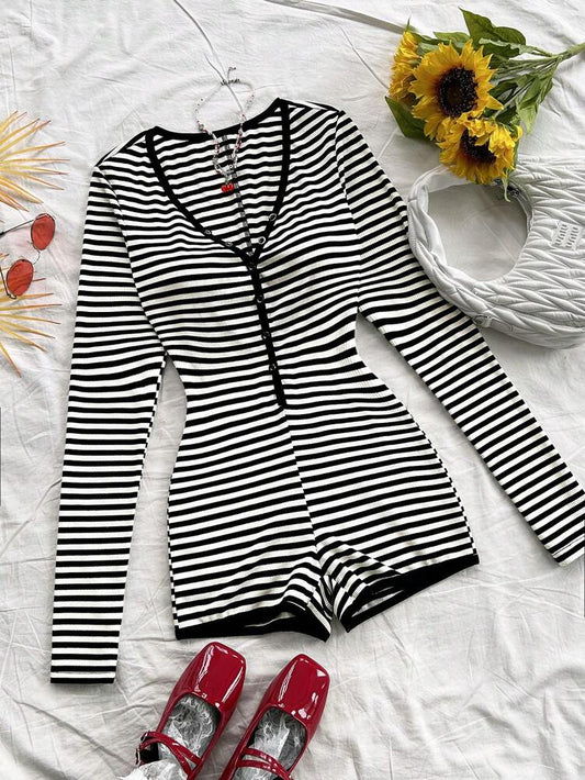 Women's Striped Long Sleeve Romper With Decorative Buttons Contrast Color Casual Holiday Outfit Sexy Jumpsuit For Vacation Daily Wear