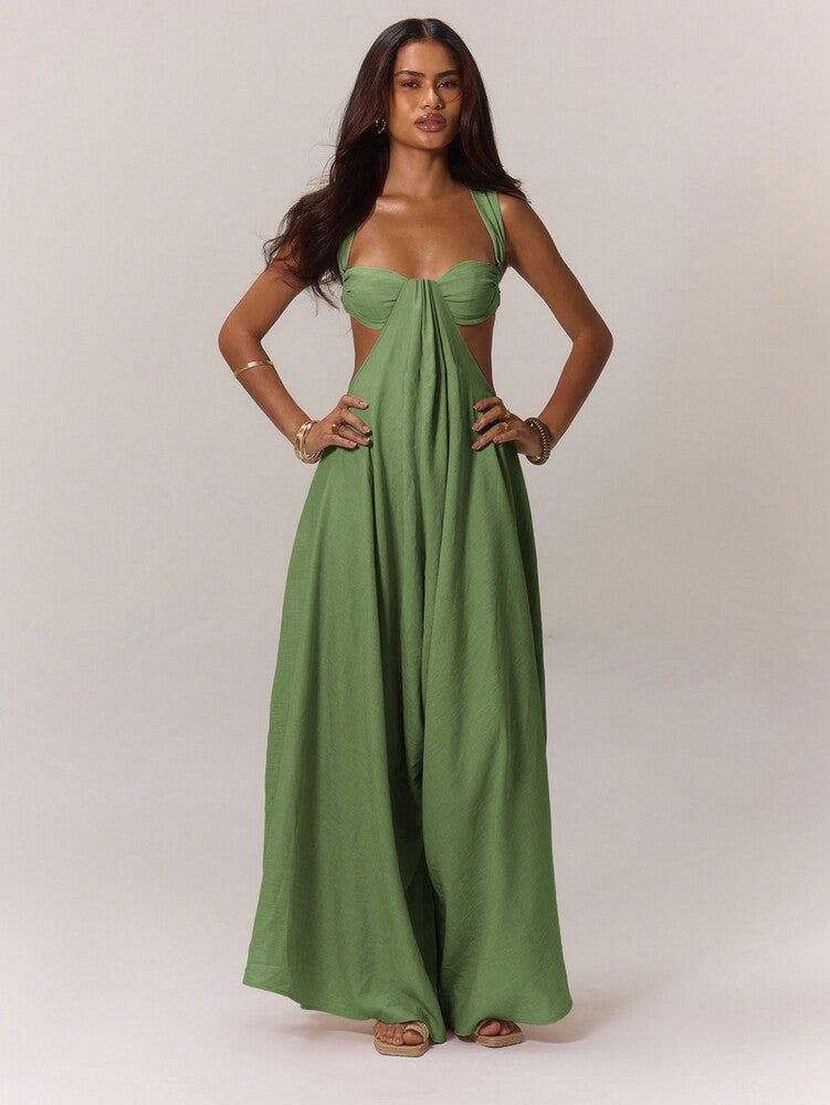 Women's Extreme Wide Leg Jumpsuit With Draped Bust Cups Cut Out Open Back Sexy Boho Vacation Party Outfit Wedding Guest Ibiza Holiday