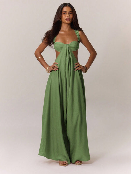 Women's Extreme Wide Leg Jumpsuit With Draped Bust Cups Cut Out Open Back Sexy Boho Vacation Party Outfit Wedding Guest Ibiza Holiday