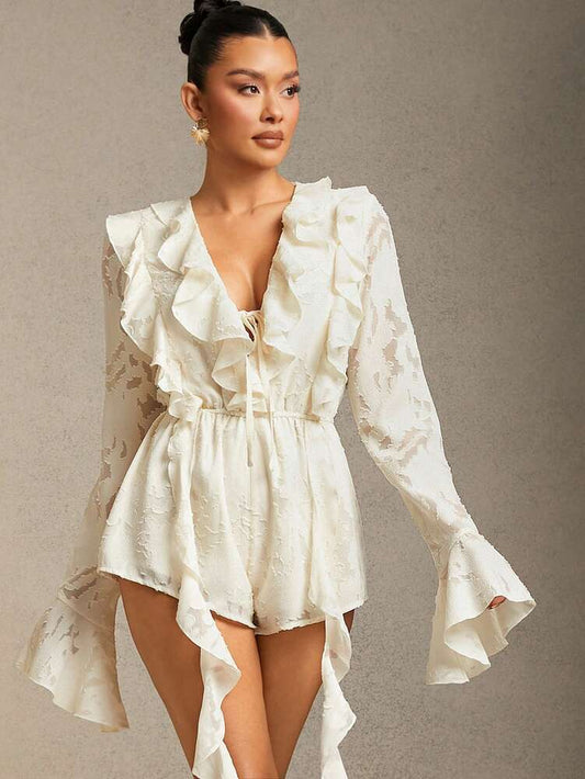 Women's White Floral Jacquard Romper With Ruffle Flounce Sleeves Elegant Romantic Outfit Date Night Summer Concert Party Evening Wear