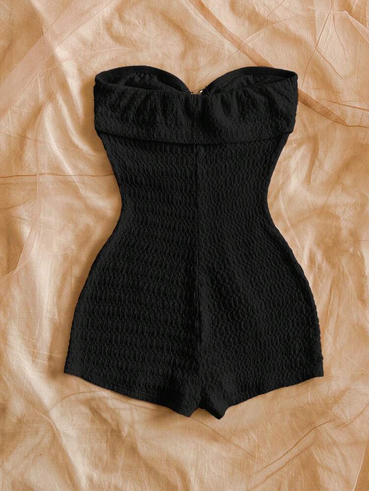 Women's Black Textured Hollow Out Romper Casual Vacation Outfit Sexy Elegant Jumpsuit Suitable For Summer Daily Wear Or Holiday Party