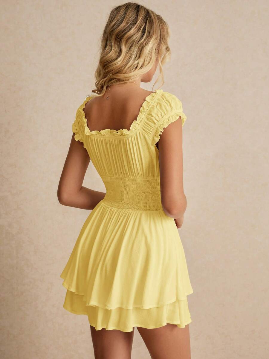 Women's Pink Smocked Jumpsuit With Ruffled Trim Romantic Flirty Outfit Elegant Summer Vacation Date Night Party Casual Beachwear Style