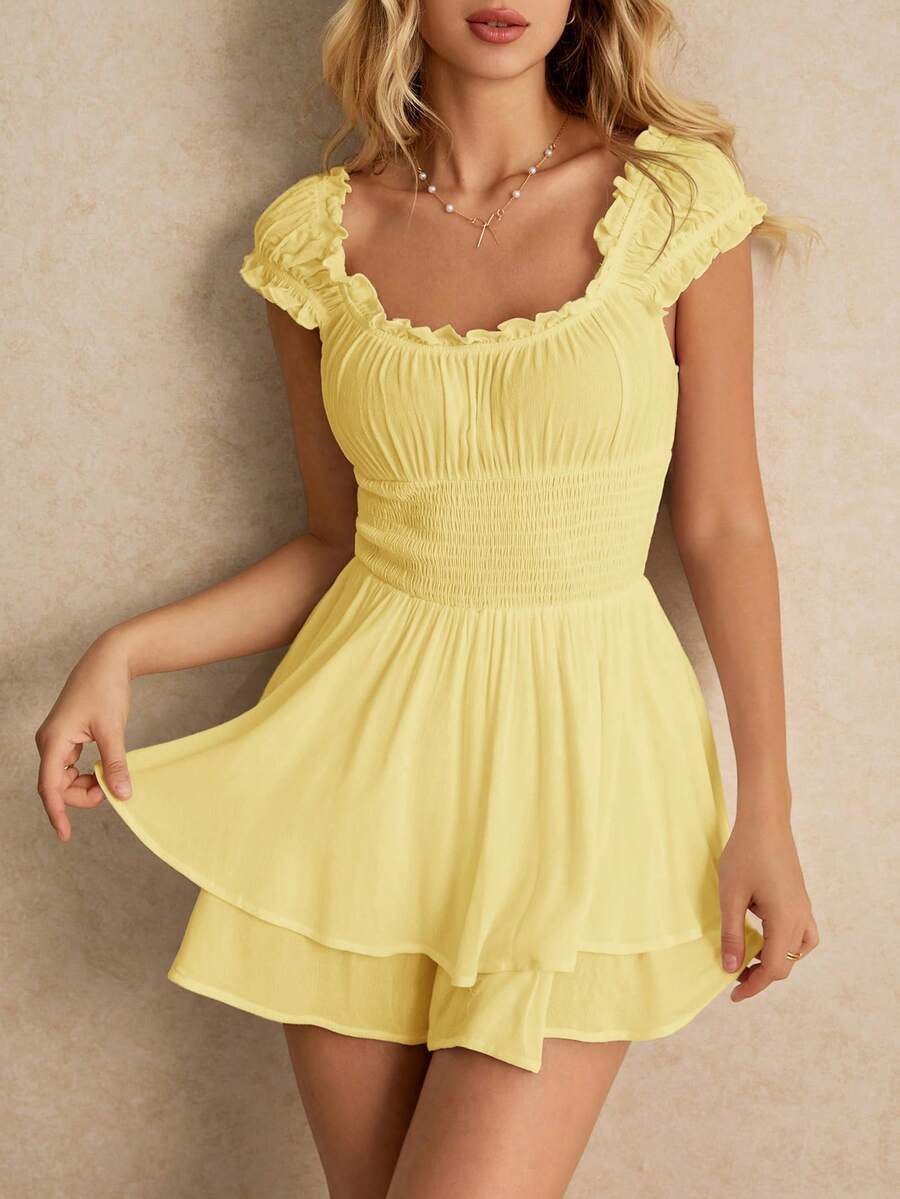 Women's Pink Smocked Jumpsuit With Ruffled Trim Romantic Flirty Outfit Elegant Summer Vacation Date Night Party Casual Beachwear Style