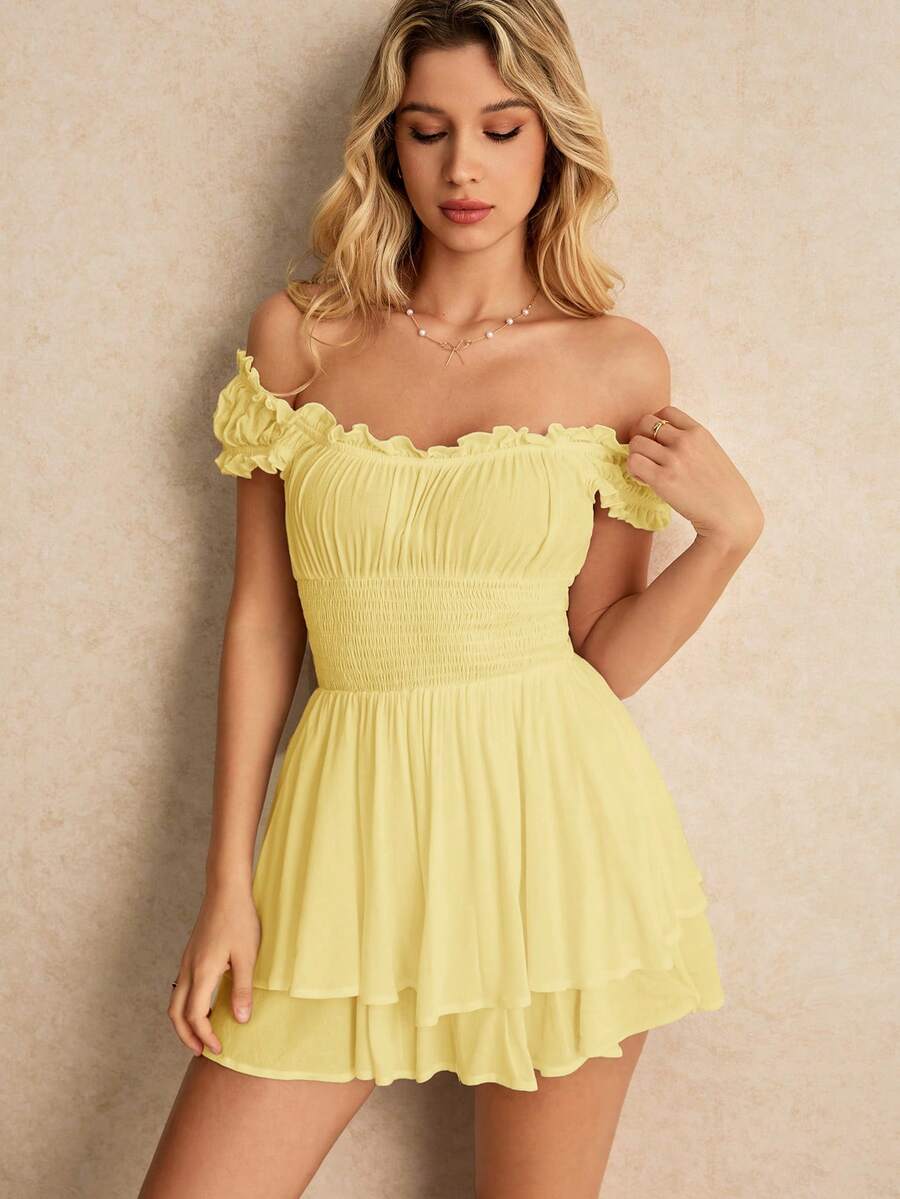 Women's Pink Smocked Jumpsuit With Ruffled Trim Romantic Flirty Outfit Elegant Summer Vacation Date Night Party Casual Beachwear Style