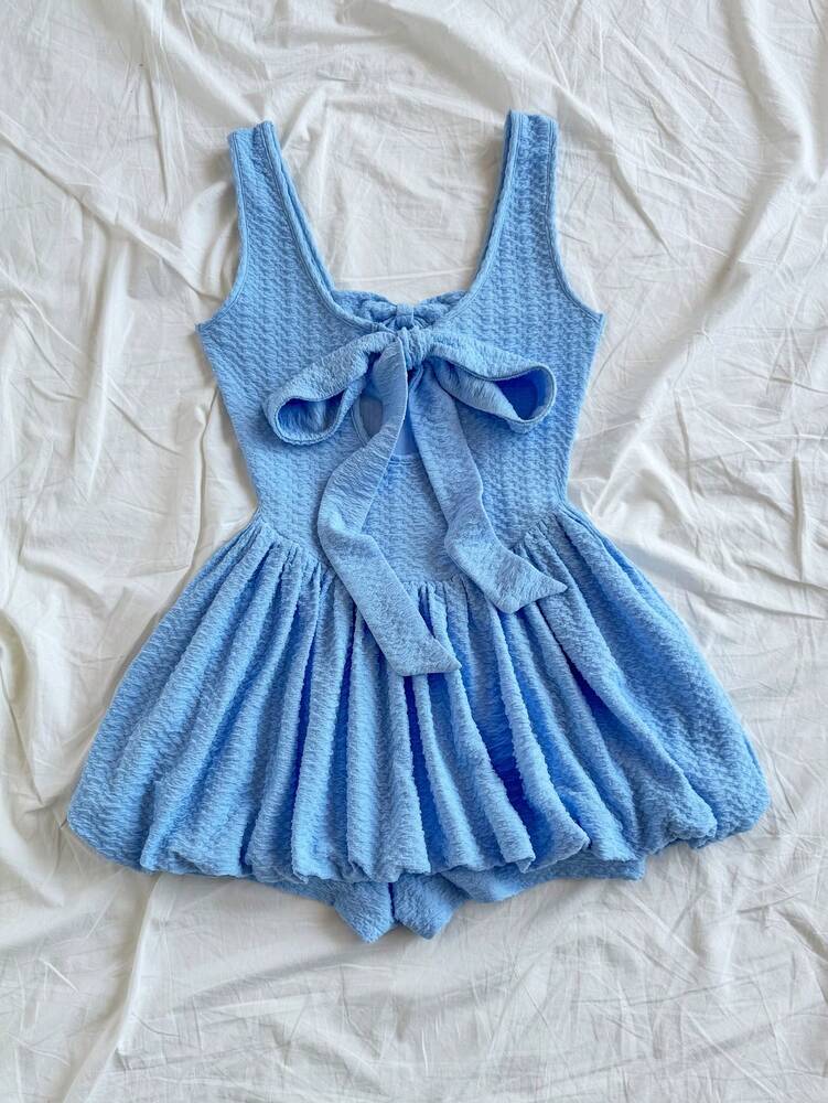 Women's Bow Decor Ruffle Shorts Romper Cute Casual Holiday Outfit Romantic Date Valentine's Day Blue Afternoon Tea Party Clothing Wear