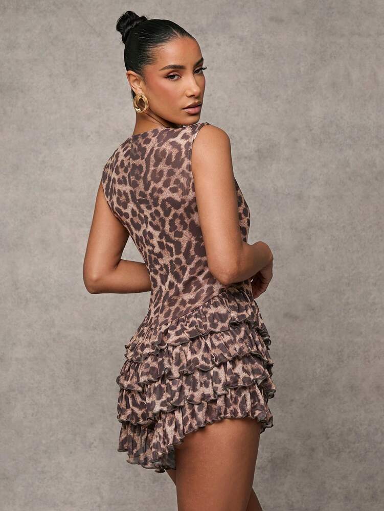 Women's Leopard Print Layered Ruffle Hem Mini Jumpsuit Sleeveless Sexy Casual Outfit Club Party Vacation Wear Summer Beachwear Clothing