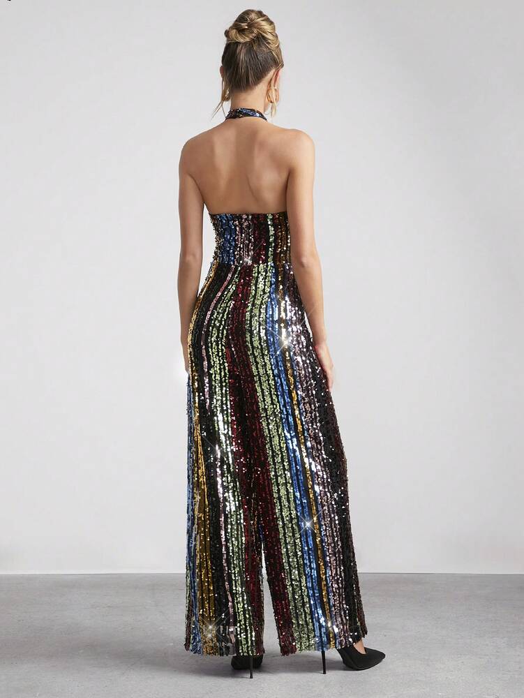 Women's Rainbow Sequin Halter Neck Jumpsuit Sexy Glitter Outfit Holiday Party Romper Christmas New Year Eve Evening Nightclub Clothing