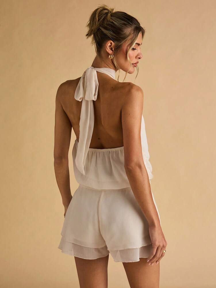 Women's Apricot Chiffon Halter Neck Jumpsuit Backless Waist Detail Elegant Casual Romper Vacation Outfit Party Evening Date Night Wear