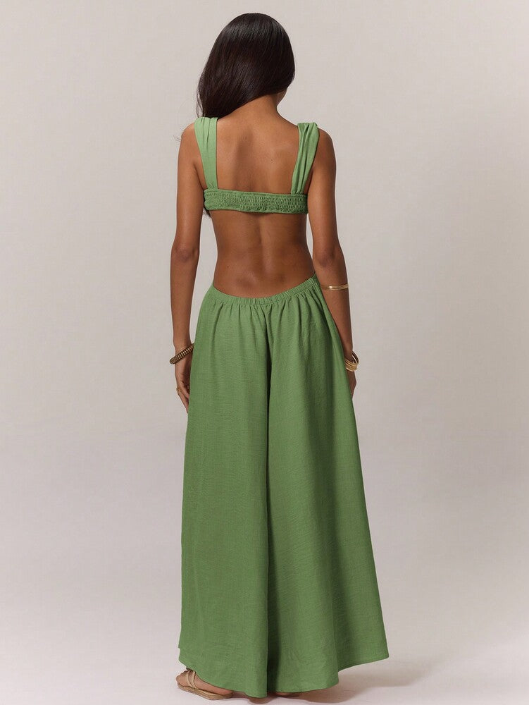 Women's Extreme Wide Leg Jumpsuit With Draped Bust Cups Cut Out Open Back Sexy Boho Vacation Party Outfit Wedding Guest Ibiza Holiday