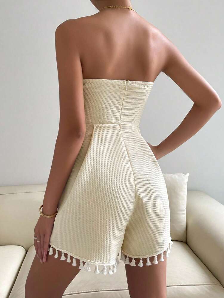 Women's Tassel Trim Waffle Knit Tube Romper With Cut Out Knot Front Design Sexy Casual Vacation Outfit Summer Party Wear For Ladies