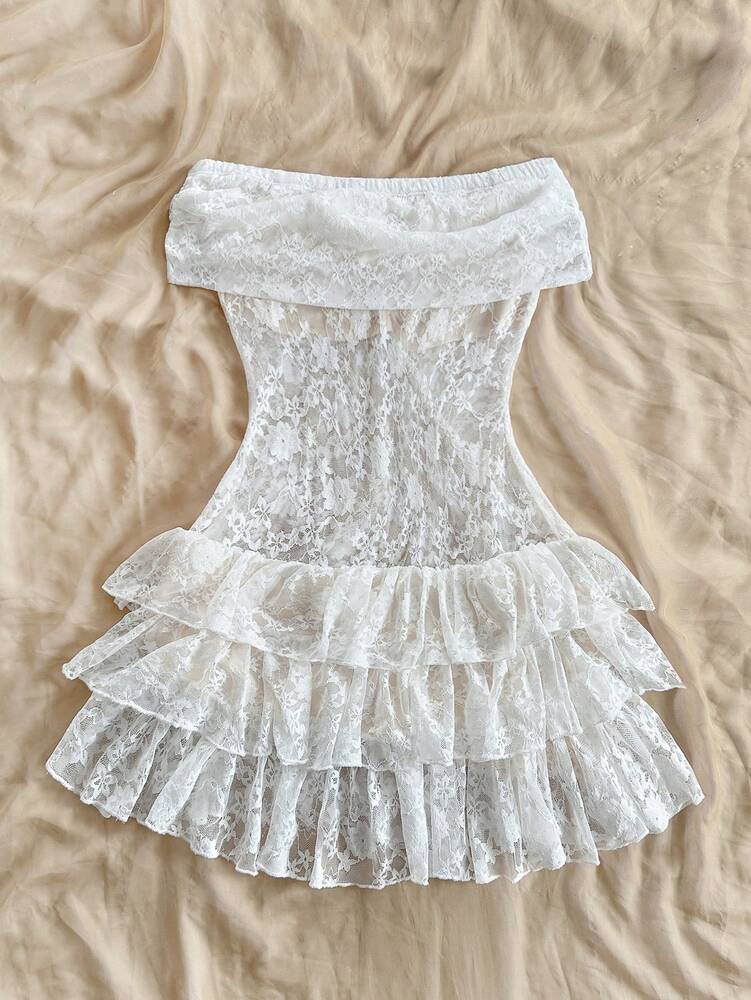 Women's Pure Lace Ruffle Knit Jumpsuit Elegant Vacation Romper Off Shoulder Backless Bohemian Fairycore Summer Spring Graduation Outfit