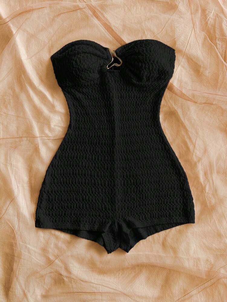 Women's Black Textured Hollow Out Romper Casual Vacation Outfit Sexy Elegant Jumpsuit Suitable For Summer Daily Wear Or Holiday Party