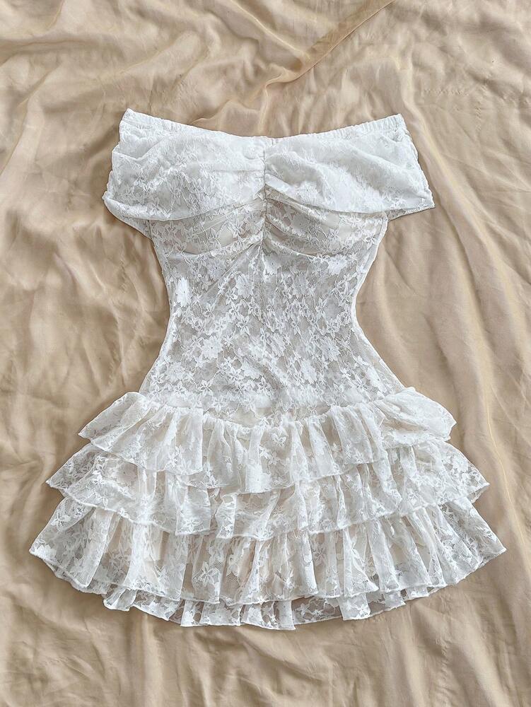 Women's Pure Lace Ruffle Knit Jumpsuit Elegant Vacation Romper Off Shoulder Backless Bohemian Fairycore Summer Spring Graduation Outfit