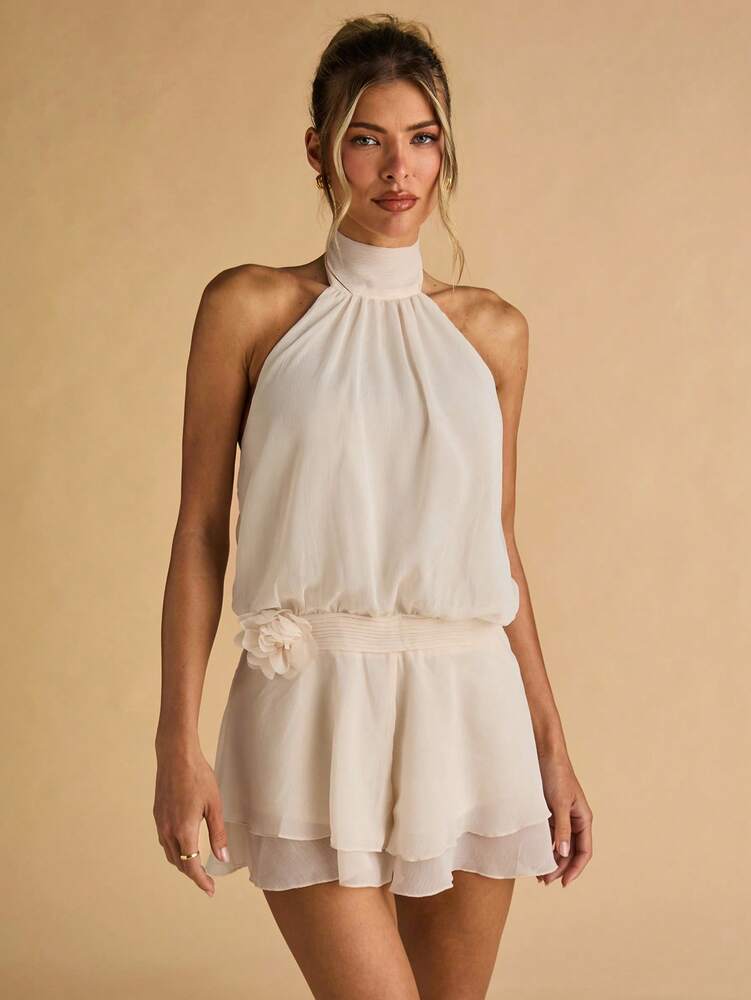 Women's Apricot Chiffon Halter Neck Jumpsuit Backless Waist Detail Elegant Casual Romper Vacation Outfit Party Evening Date Night Wear