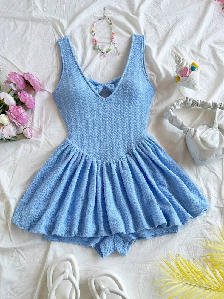 Women's Bow Decor Ruffle Shorts Romper Cute Casual Holiday Outfit Romantic Date Valentine's Day Blue Afternoon Tea Party Clothing Wear