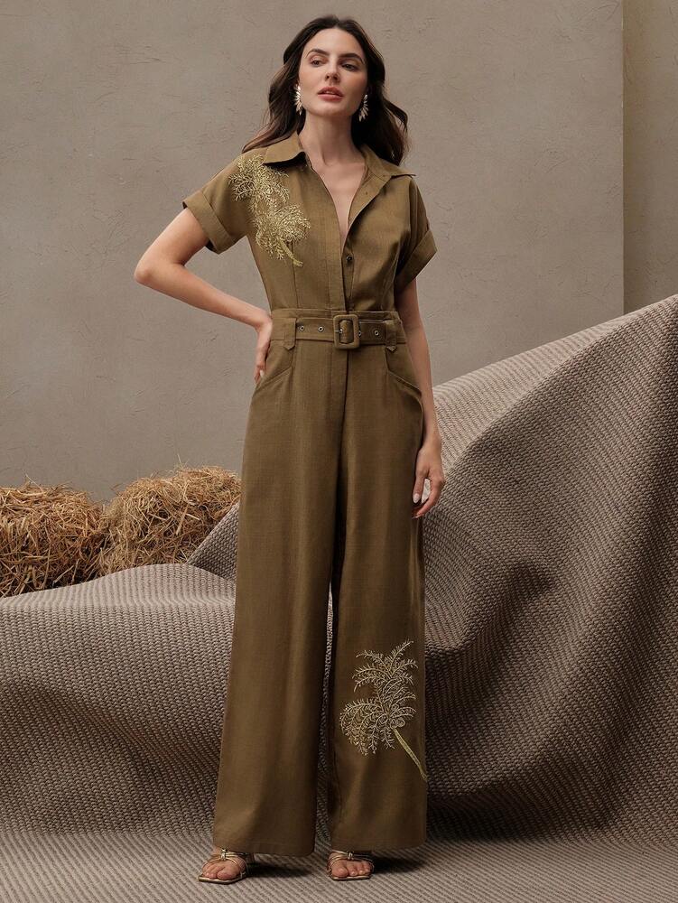 Women's Green Embroidered Jumpsuit Short Sleeve With Belt Coconut Tree Design Elegant Vacation Festival Outfit Summer Party Holiday Wear