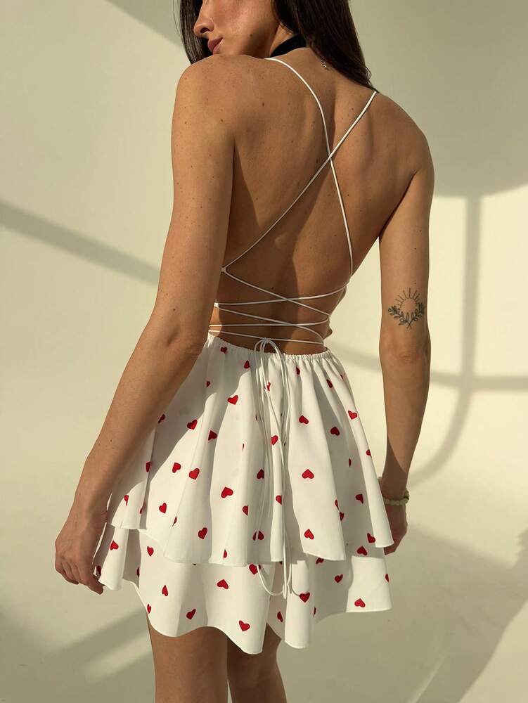 Women's Sweetheart Print Romper Sexy Backless Crisscross Strap Tiered Hem Waist Fitted Jumpsuit Elegant Romantic Outfit Summer Vacation