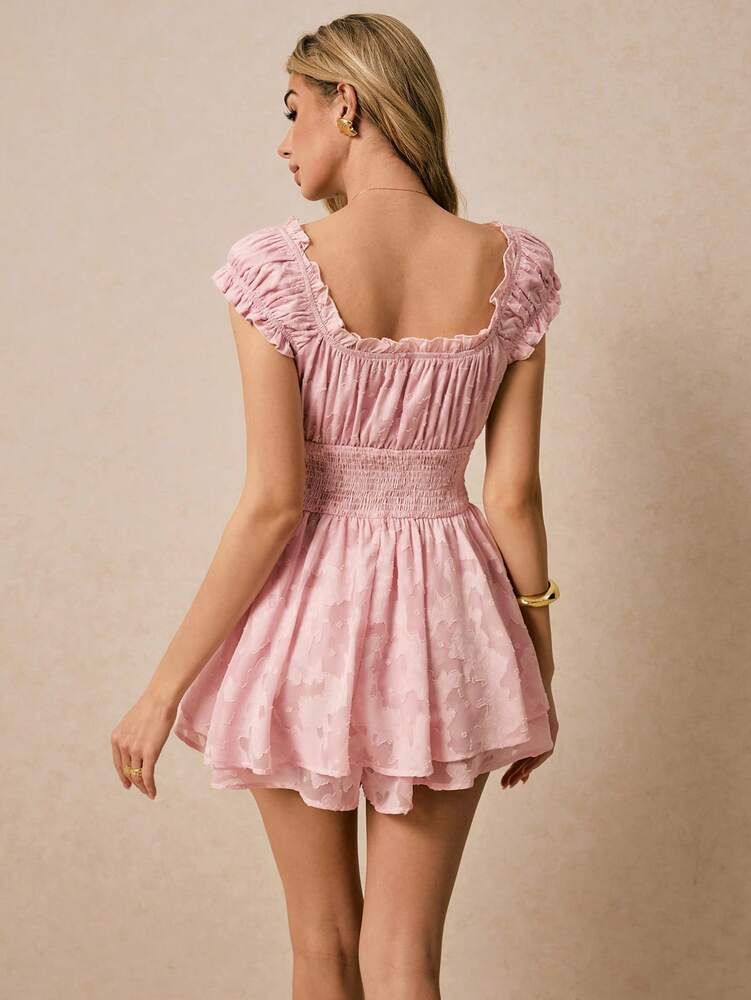 Women's Pink Smocked Jumpsuit With Ruffled Trim Romantic Flirty Outfit Elegant Summer Vacation Date Night Party Casual Beachwear Style