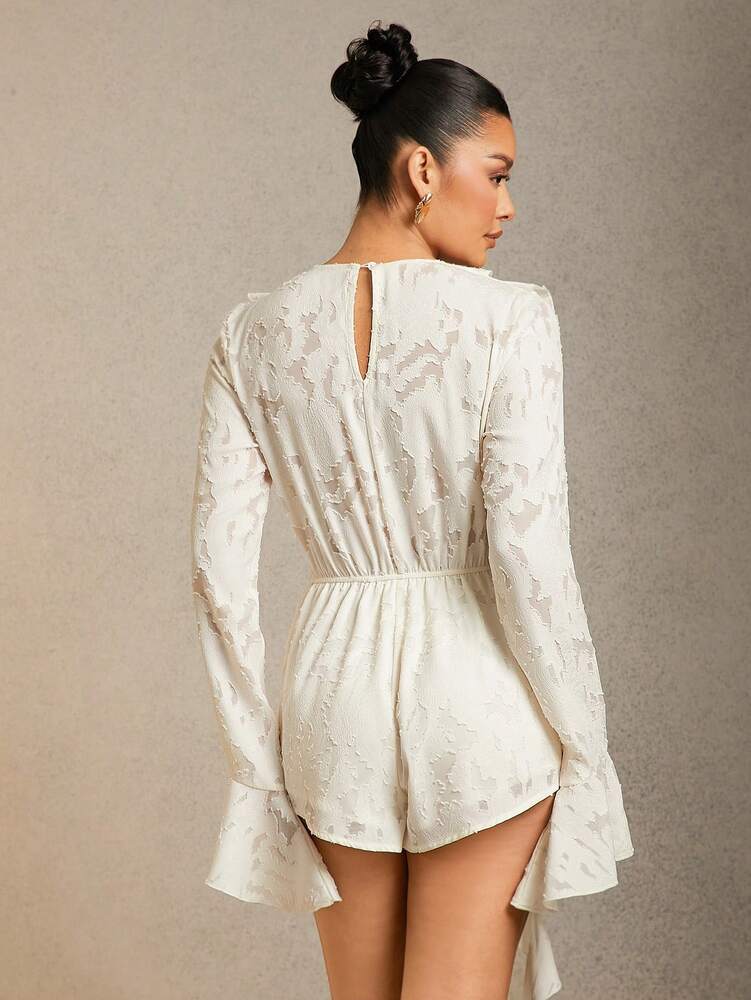 Women's White Floral Jacquard Romper With Ruffle Flounce Sleeves Elegant Romantic Outfit Date Night Summer Concert Party Evening Wear