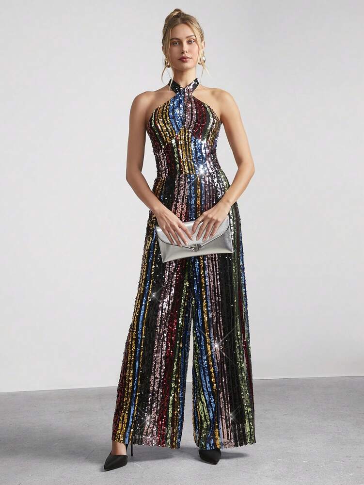 Women's Rainbow Sequin Halter Neck Jumpsuit Sexy Glitter Outfit Holiday Party Romper Christmas New Year Eve Evening Nightclub Clothing