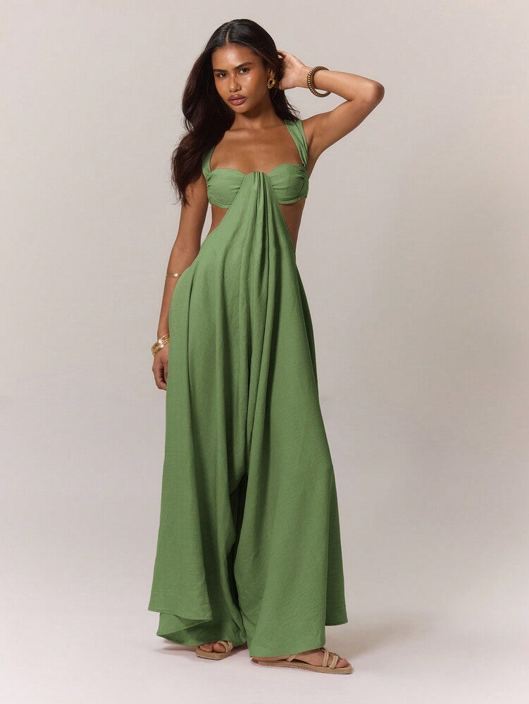 Women's Extreme Wide Leg Jumpsuit With Draped Bust Cups Cut Out Open Back Sexy Boho Vacation Party Outfit Wedding Guest Ibiza Holiday