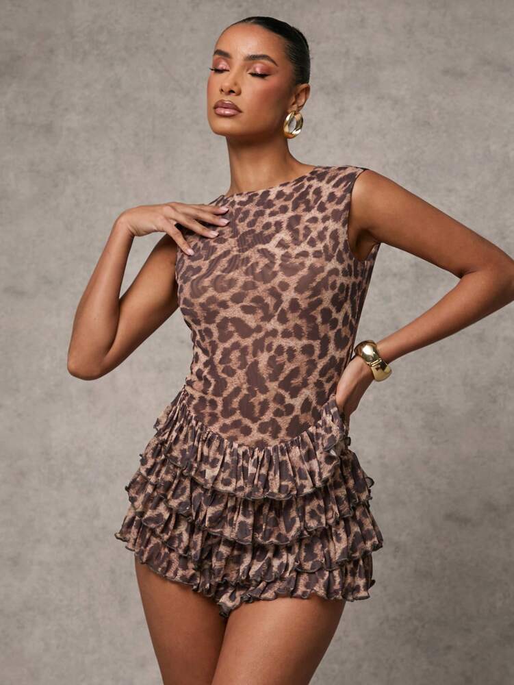 Women's Leopard Print Layered Ruffle Hem Mini Jumpsuit Sleeveless Sexy Casual Outfit Club Party Vacation Wear Summer Beachwear Clothing