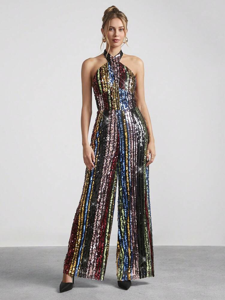 Women's Rainbow Sequin Halter Neck Jumpsuit Sexy Glitter Outfit Holiday Party Romper Christmas New Year Eve Evening Nightclub Clothing