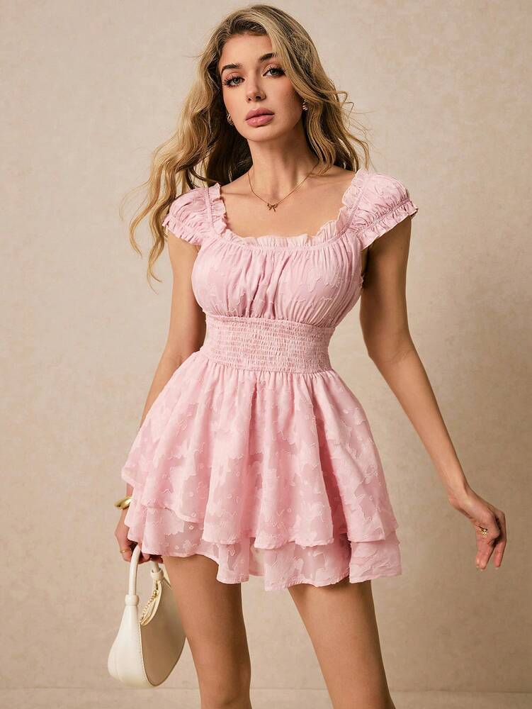 Women's Pink Smocked Jumpsuit With Ruffled Trim Romantic Flirty Outfit Elegant Summer Vacation Date Night Party Casual Beachwear Style
