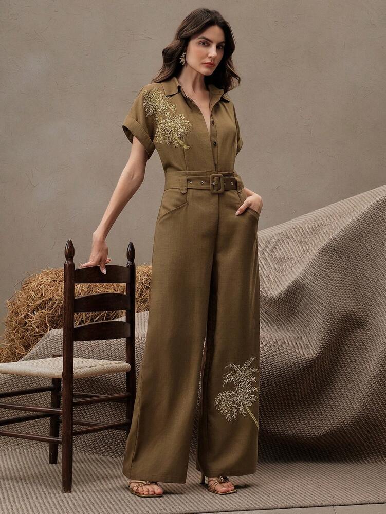 Women's Green Embroidered Jumpsuit Short Sleeve With Belt Coconut Tree Design Elegant Vacation Festival Outfit Summer Party Holiday Wear