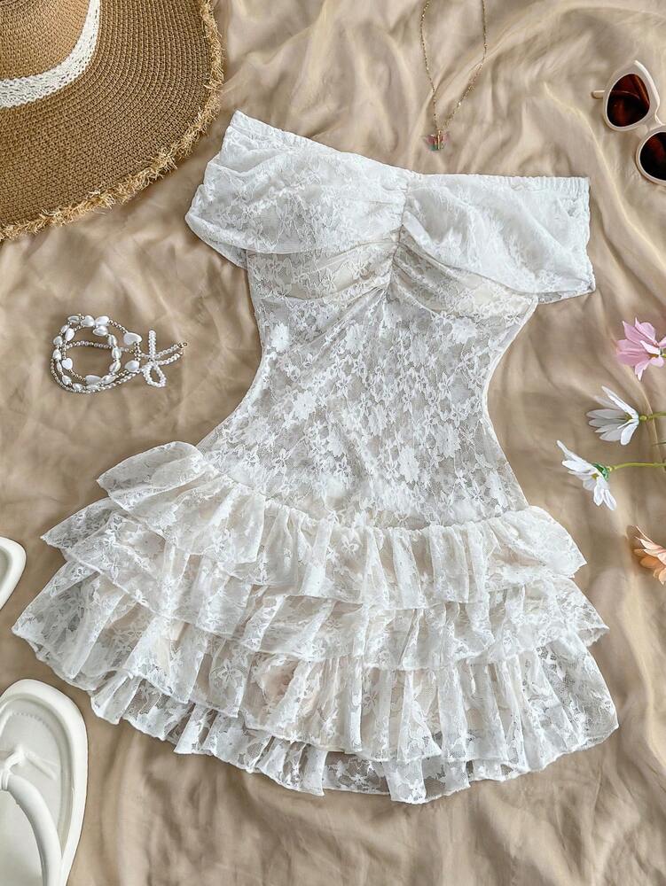 Women's Pure Lace Ruffle Knit Jumpsuit Elegant Vacation Romper Off Shoulder Backless Bohemian Fairycore Summer Spring Graduation Outfit