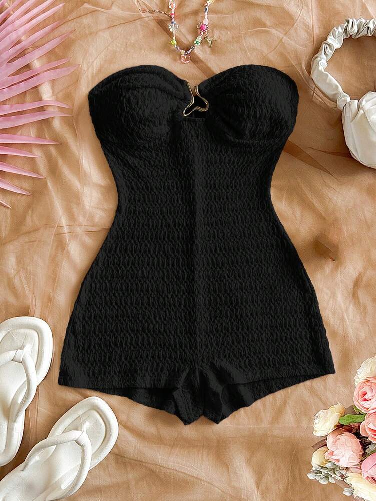 Women's Black Textured Hollow Out Romper Casual Vacation Outfit Sexy Elegant Jumpsuit Suitable For Summer Daily Wear Or Holiday Party