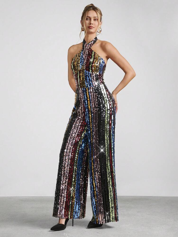 Women's Rainbow Sequin Halter Neck Jumpsuit Sexy Glitter Outfit Holiday Party Romper Christmas New Year Eve Evening Nightclub Clothing