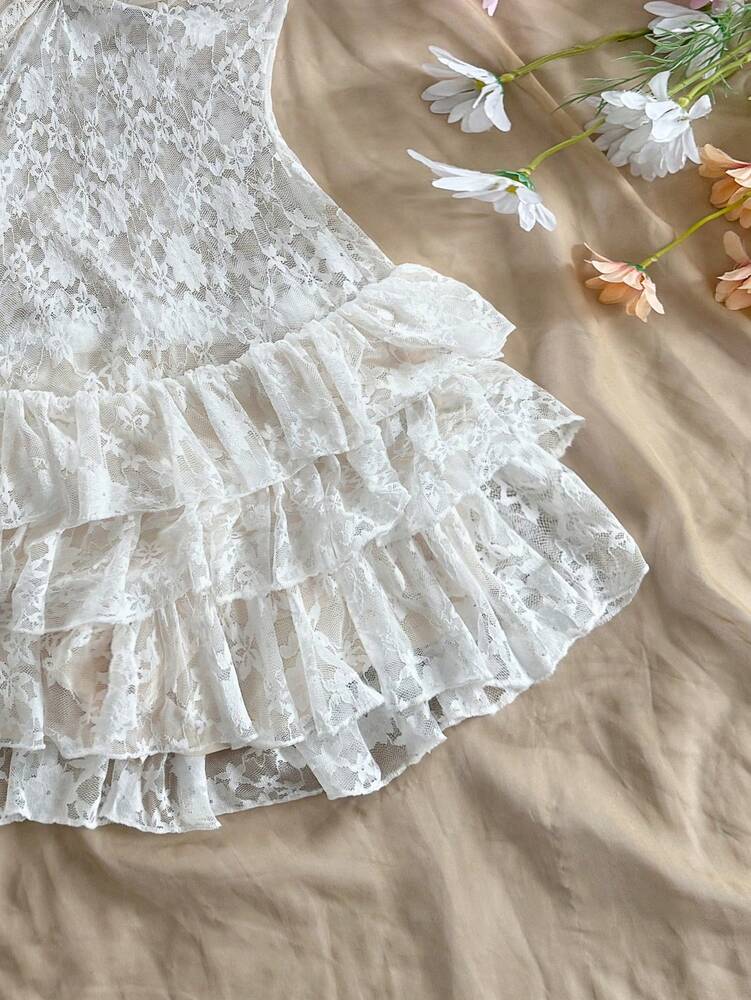 Women's Pure Lace Ruffle Knit Jumpsuit Elegant Vacation Romper Off Shoulder Backless Bohemian Fairycore Summer Spring Graduation Outfit