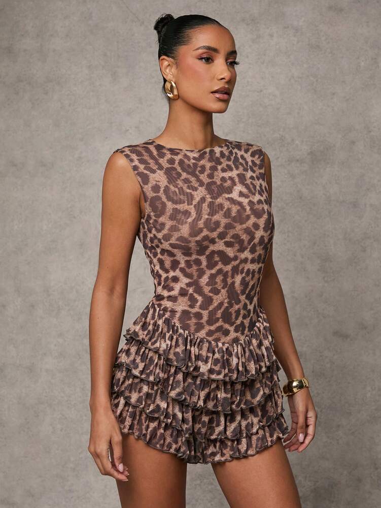 Women's Leopard Print Layered Ruffle Hem Mini Jumpsuit Sleeveless Sexy Casual Outfit Club Party Vacation Wear Summer Beachwear Clothing