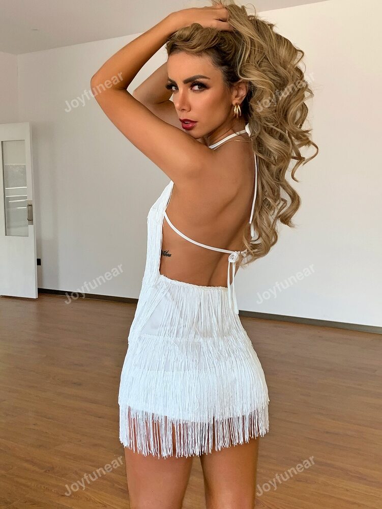 Women's Fringe Halter Romper With Knotted Backless Design Sexy Casual Jumpsuit Summer Vacation Outfit Party Date Night Holiday Clothing