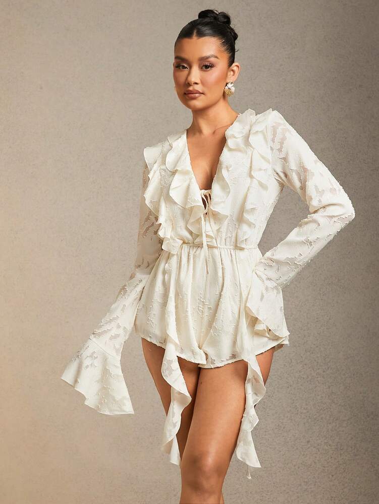 Women's White Floral Jacquard Romper With Ruffle Flounce Sleeves Elegant Romantic Outfit Date Night Summer Concert Party Evening Wear