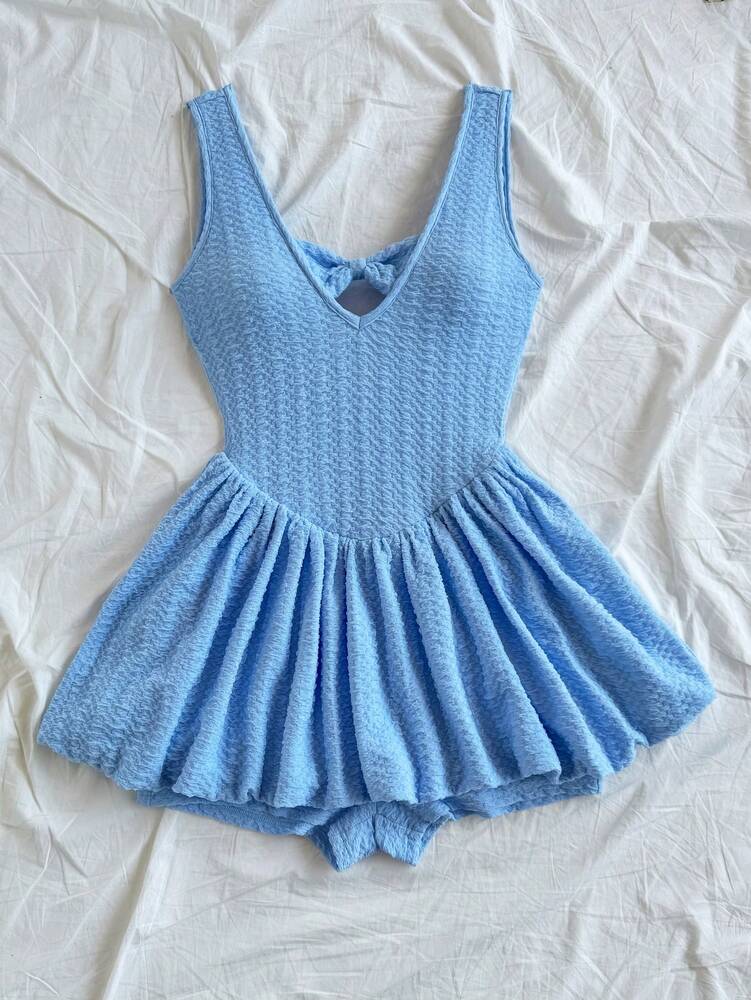 Women's Bow Decor Ruffle Shorts Romper Cute Casual Holiday Outfit Romantic Date Valentine's Day Blue Afternoon Tea Party Clothing Wear