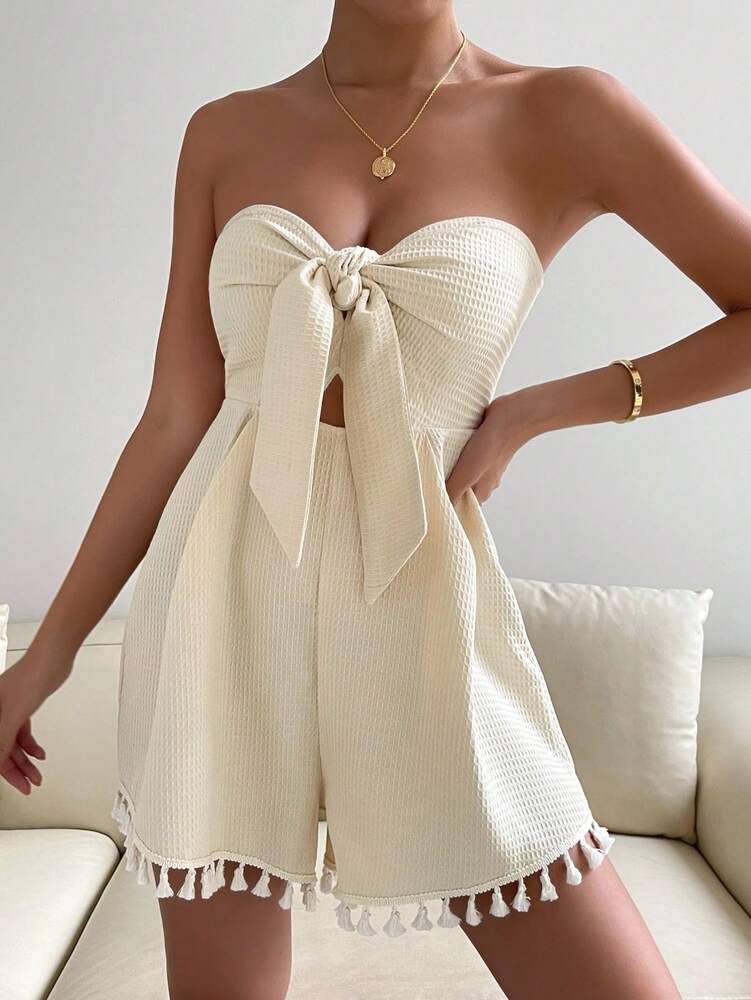 Women's Tassel Trim Waffle Knit Tube Romper With Cut Out Knot Front Design Sexy Casual Vacation Outfit Summer Party Wear For Ladies
